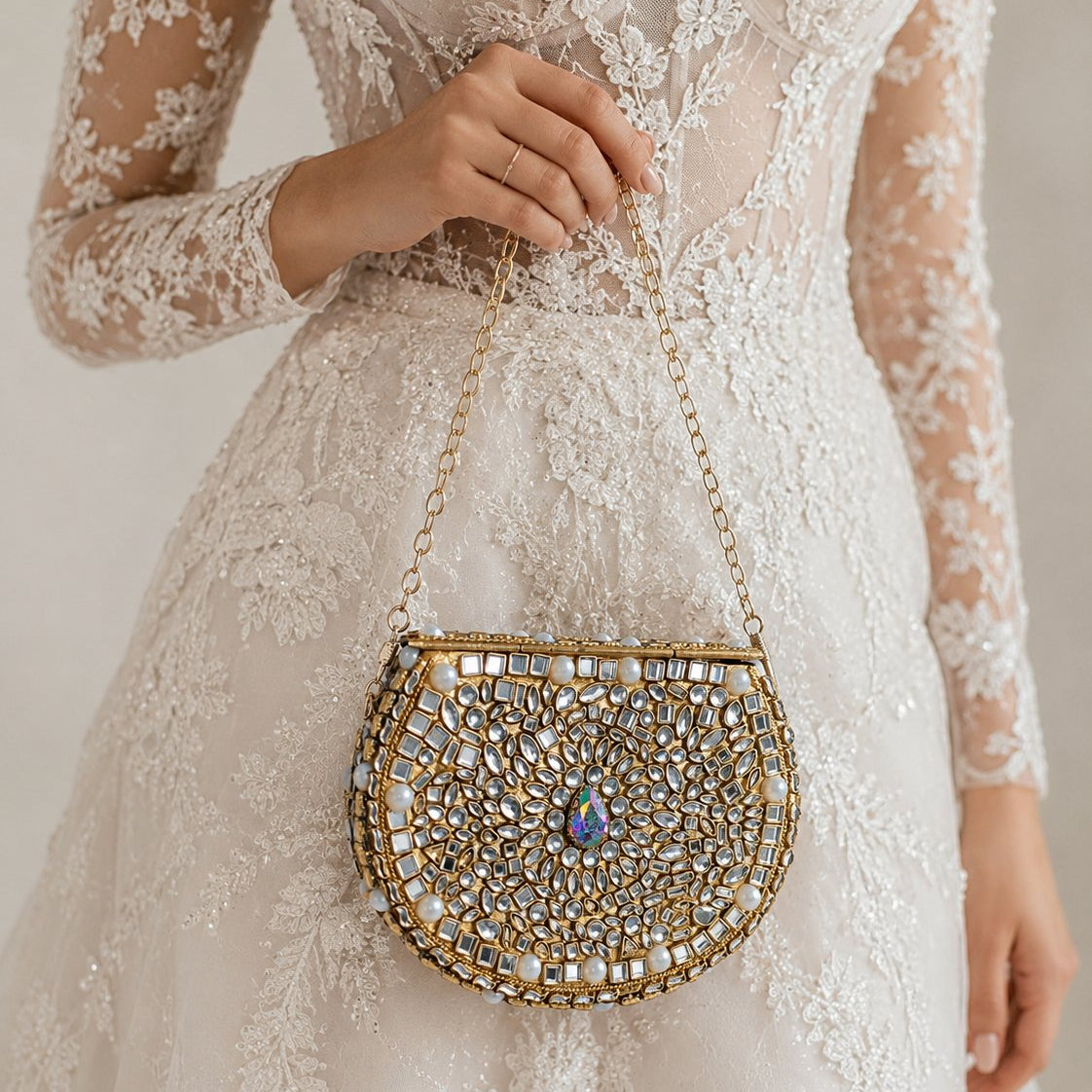 Ruby Pearl Kundan Half-Moon Clutch