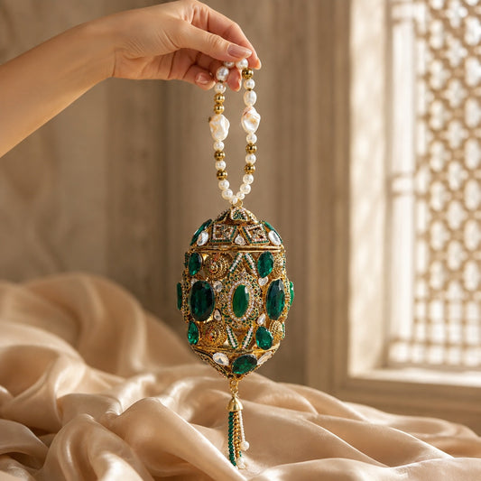 Emerald & Diamond Filigree Barrel Clutch with Pearl Handle