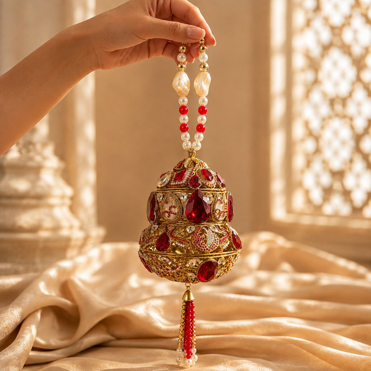 Ruby Red Floral Barrel Clutch with Pearl Handle