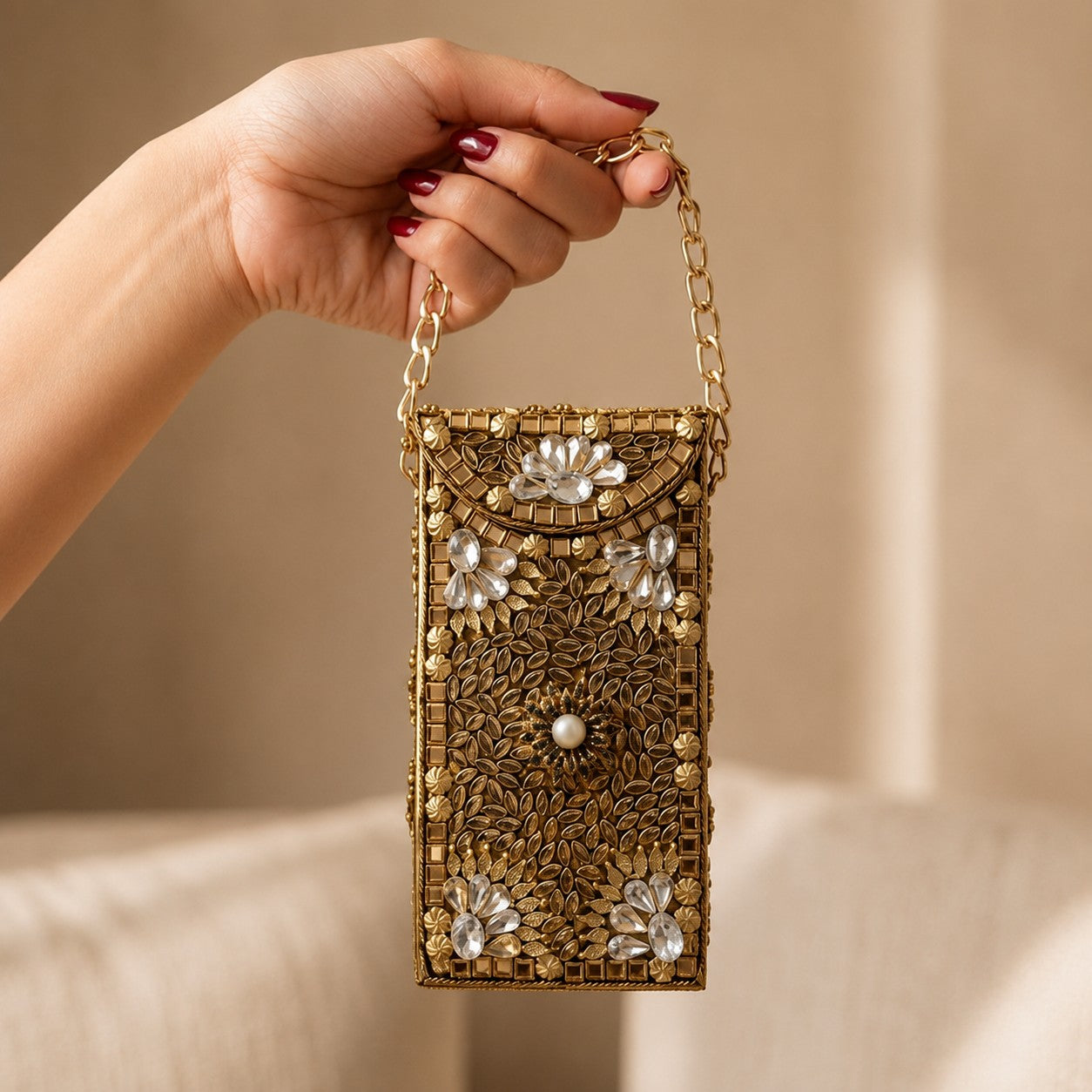 Velour Noir Jewel Clutch – Bridal Evening Bag with Chain