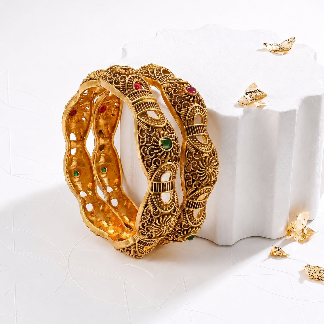 Antique Gold Filigree Bangles – Heritage Kangan with Gemstone Accents