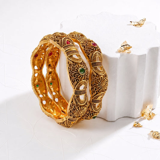 Antique Gold Filigree Bangles – Heritage Kangan with Gemstone Accents