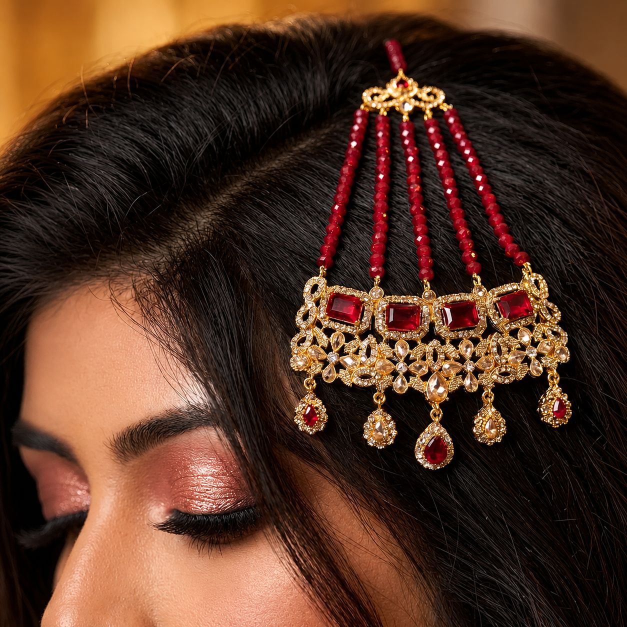 Royal Red & Champagne Zircon Bridal Jewellery Set | 22KT Gold Plated