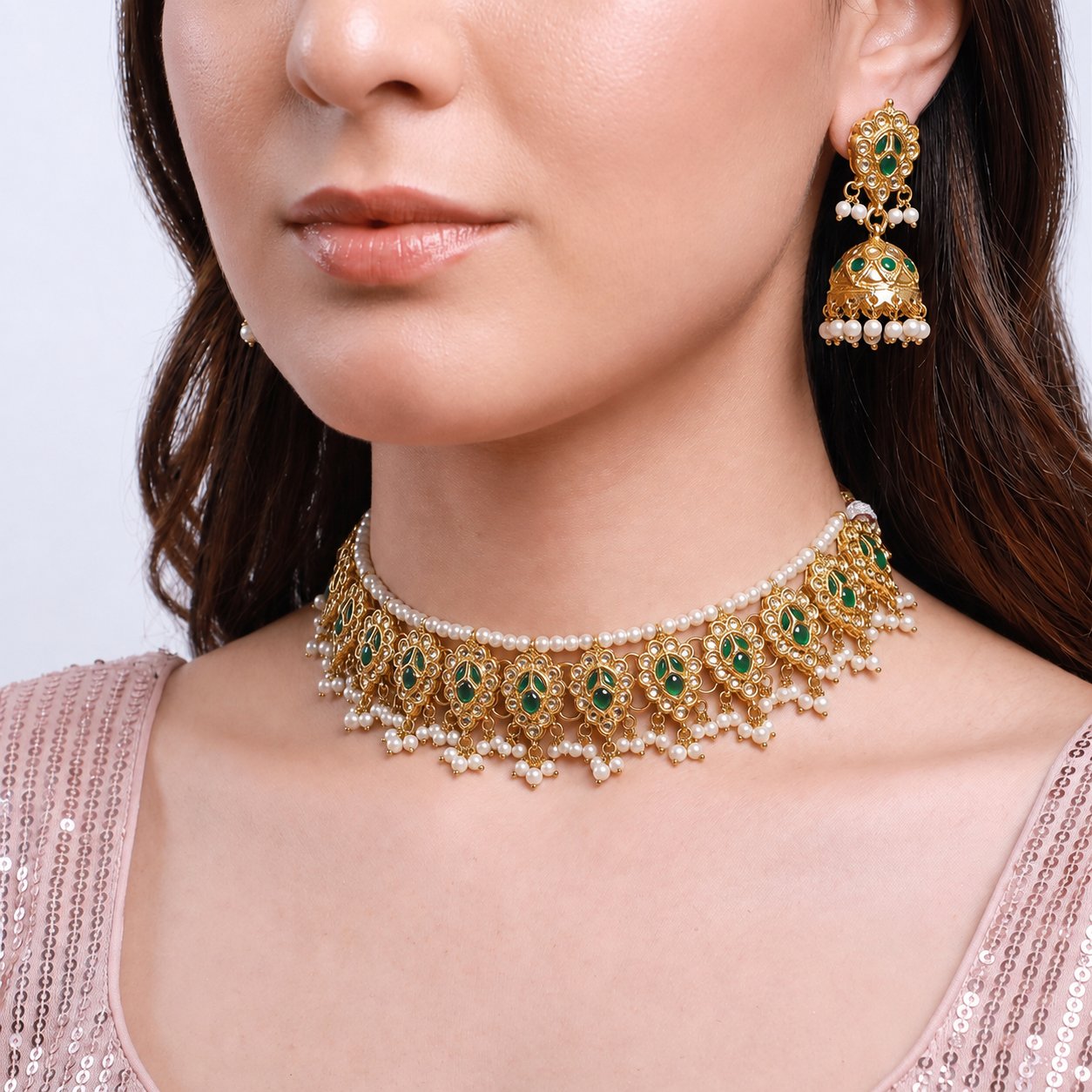 Laak Kundan Jhumka Set | Emerald Green & Pearl