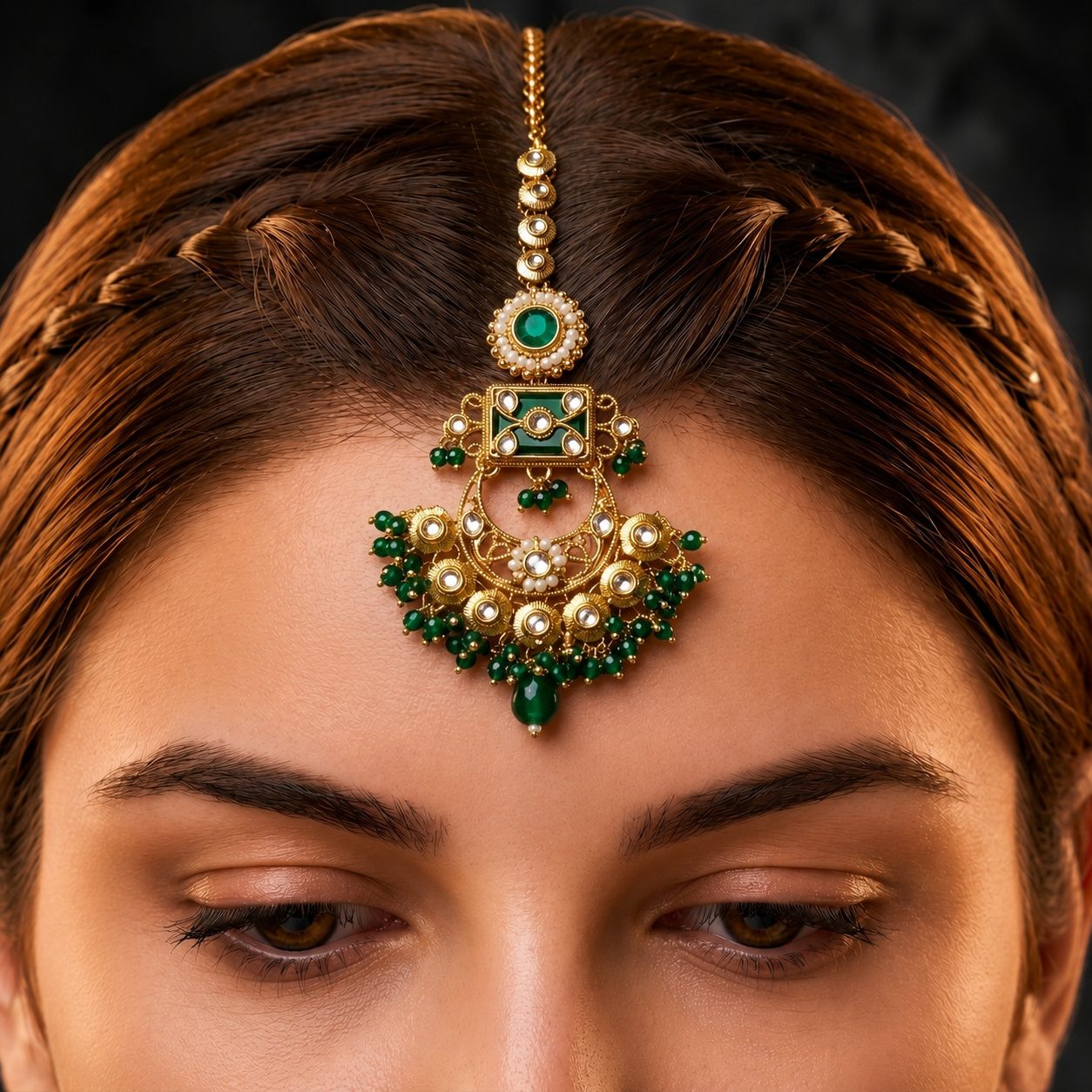 Kundan Maang Tikka in Emerald Green worn by model — green enamel with emerald bead drops