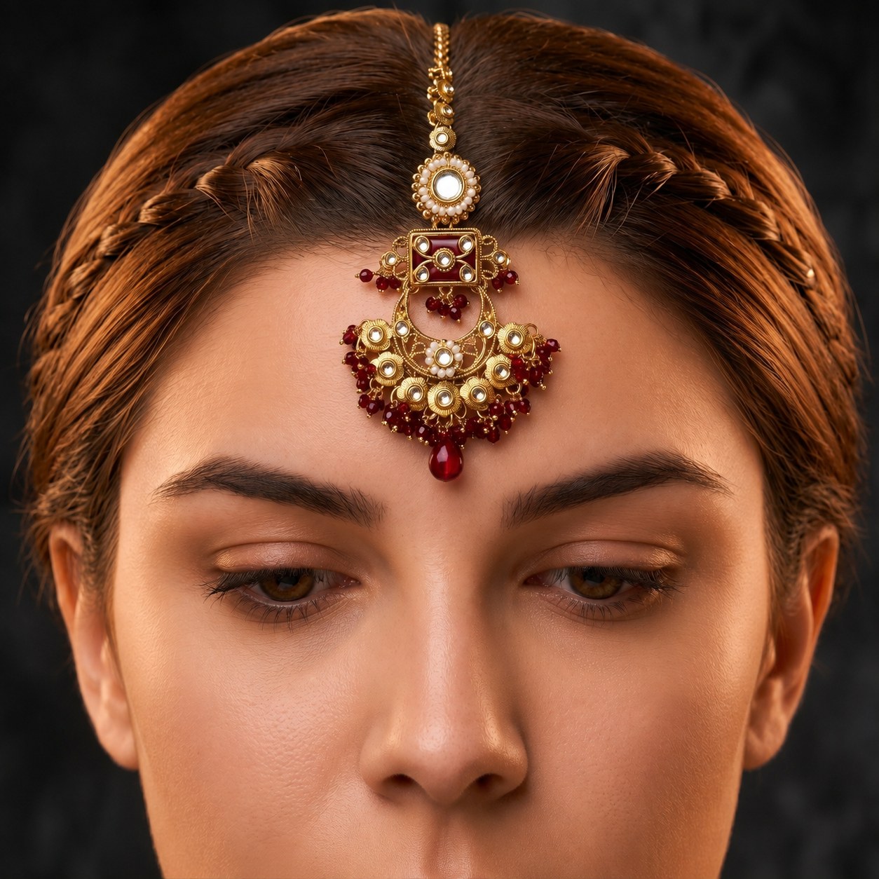 Kundan Maang Tikka in Ruby Red worn by model — crimson enamel panel with red crystal drops