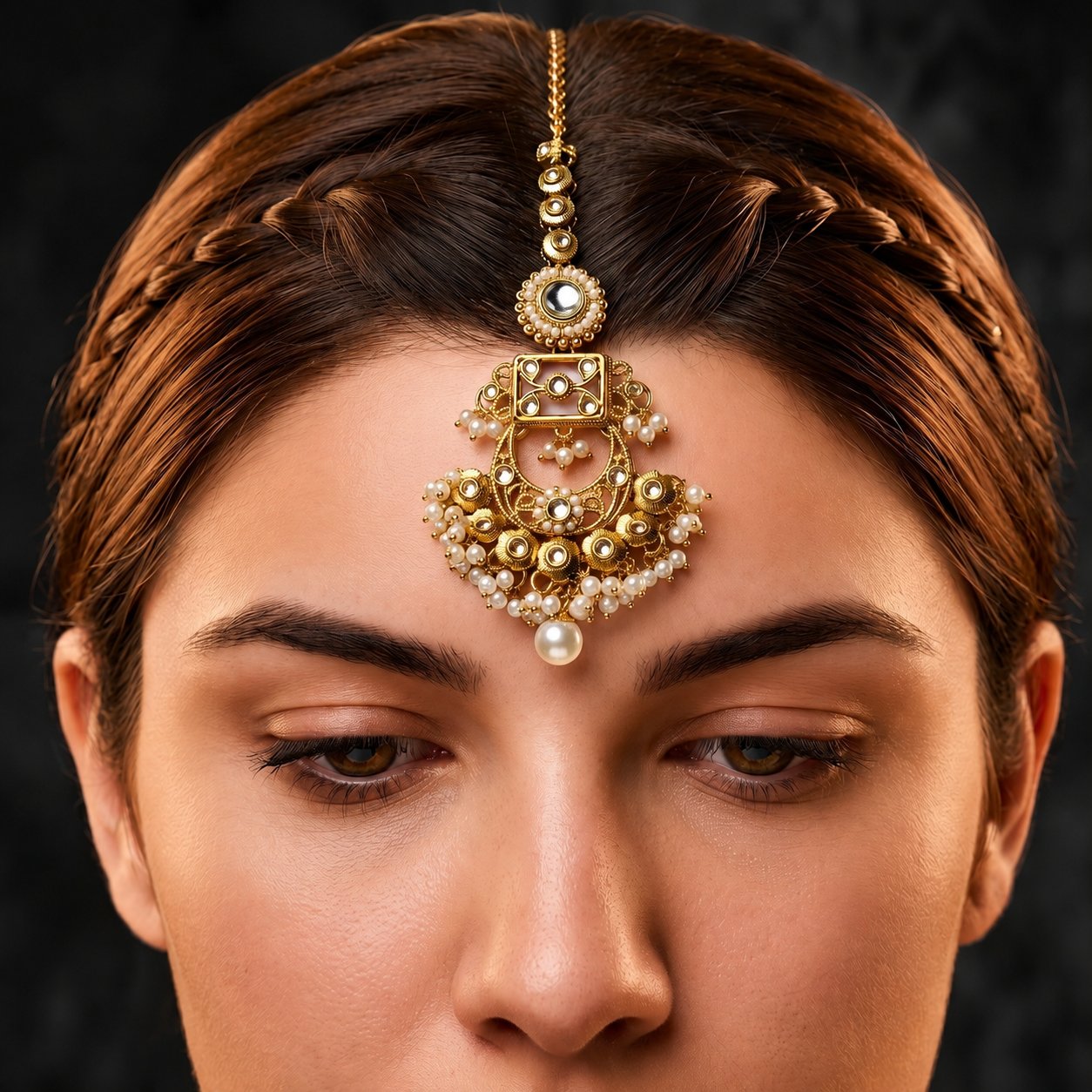 Kundan Maang Tikka in Ivory Pearl worn by model — polki kundan with freshwater pearl drop