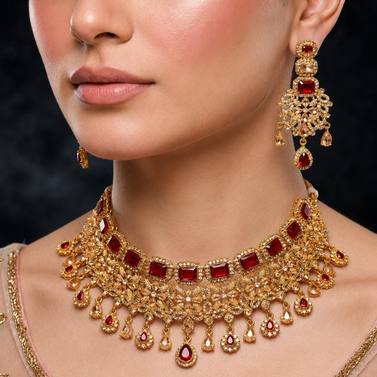 Royal Red & Champagne Zircon Bridal Jewellery Set | 22KT Gold Plated