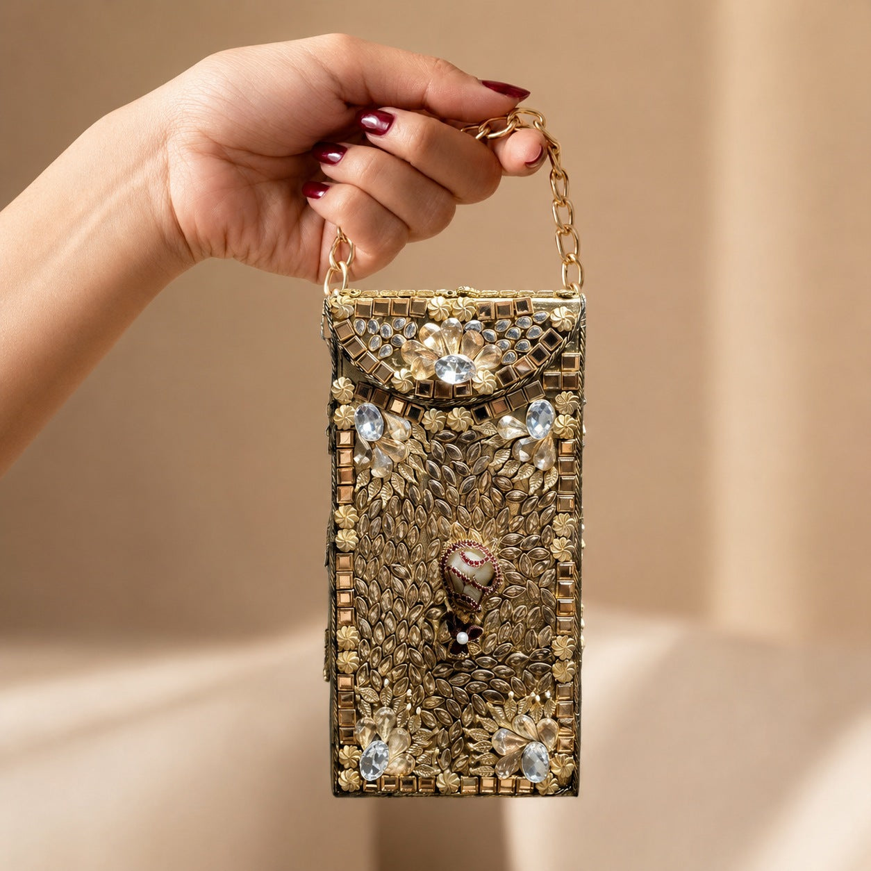 Kundan Gold Blossom Clutch – Bridal Evening Bag with Chain