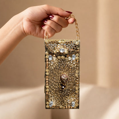 Kundan Gold Blossom Clutch – Bridal Evening Bag with Chain