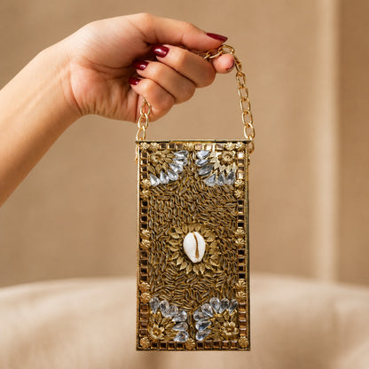 Kundan Gold Blossom Clutch – Bridal Evening Bag with Chain