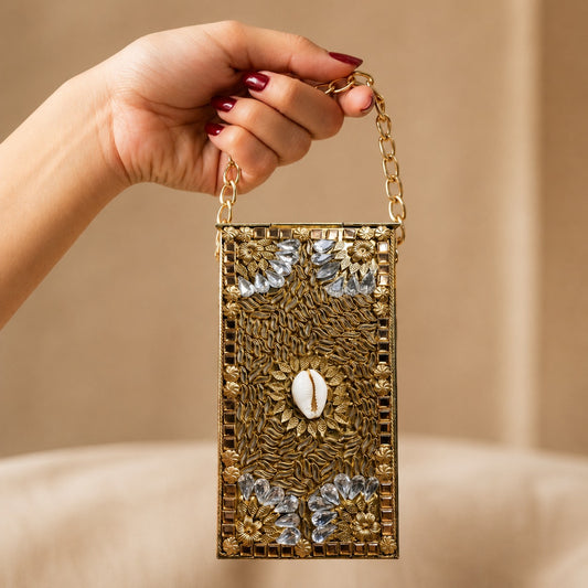 Kundan Gold Blossom Clutch – Bridal Evening Bag with Chain