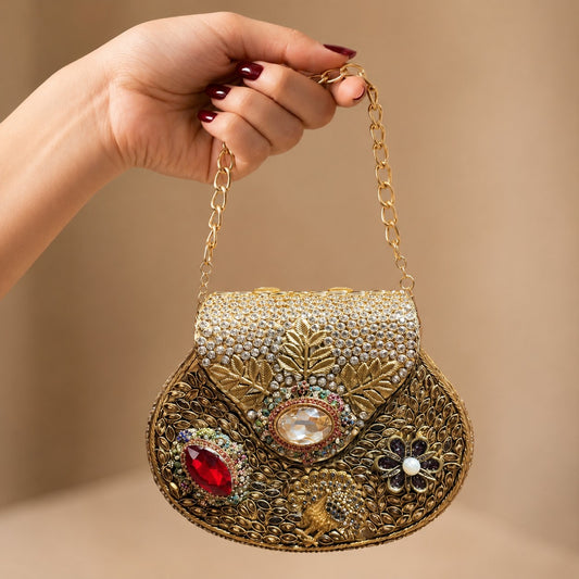 Kundan Gold Floral Clutch – Bridal Evening Bag with Chain