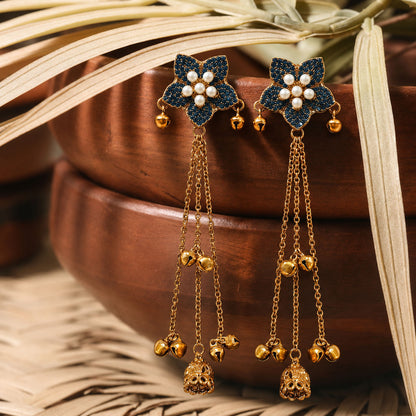 Kashmiri Tassel Jhumka Earrings – Floral Stud with Chain Drops & Bell Charms