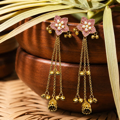Kashmiri Tassel Jhumka Earrings – Floral Stud with Chain Drops & Bell Charms