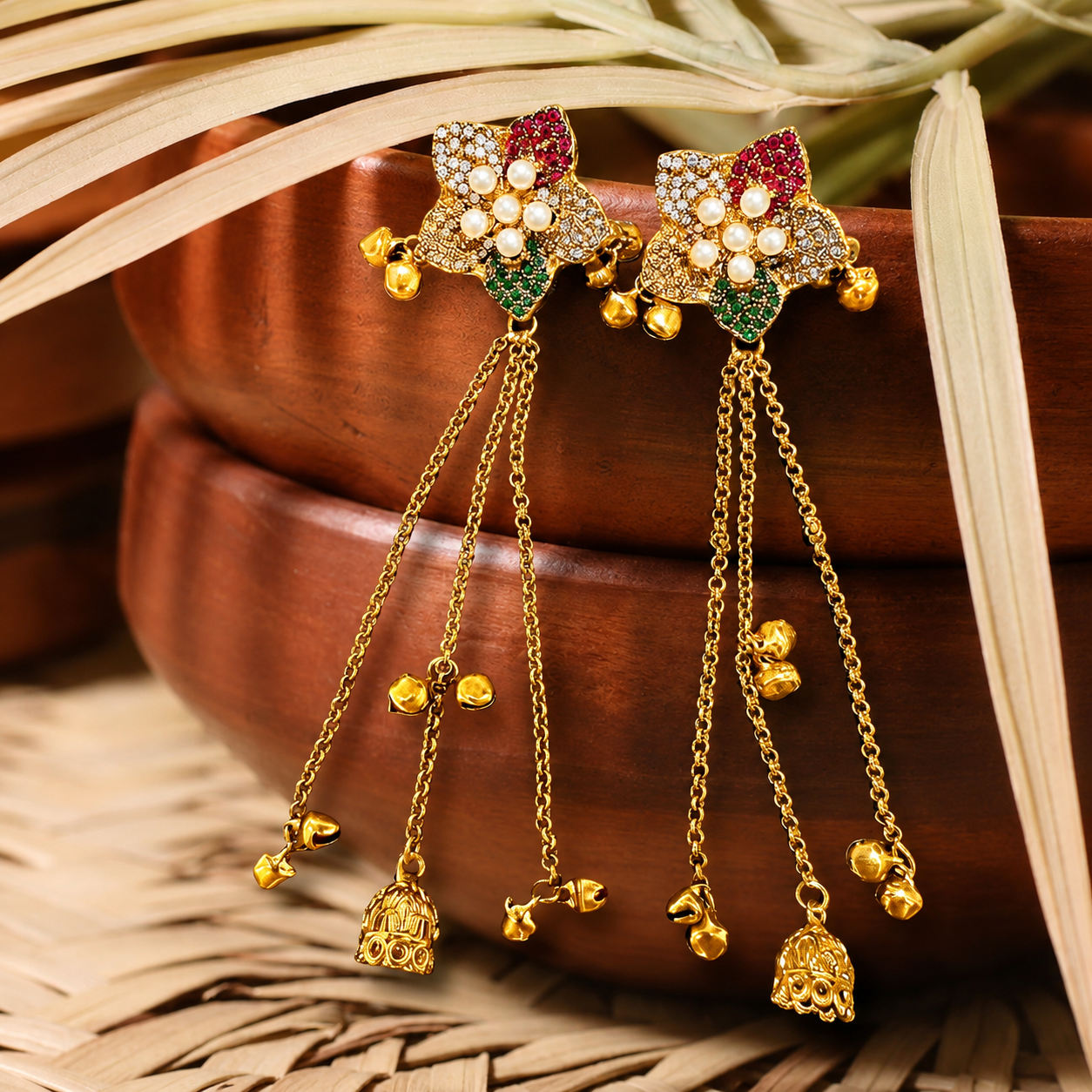 Kashmiri Tassel Jhumka Earrings – Floral Stud with Chain Drops & Bell Charms