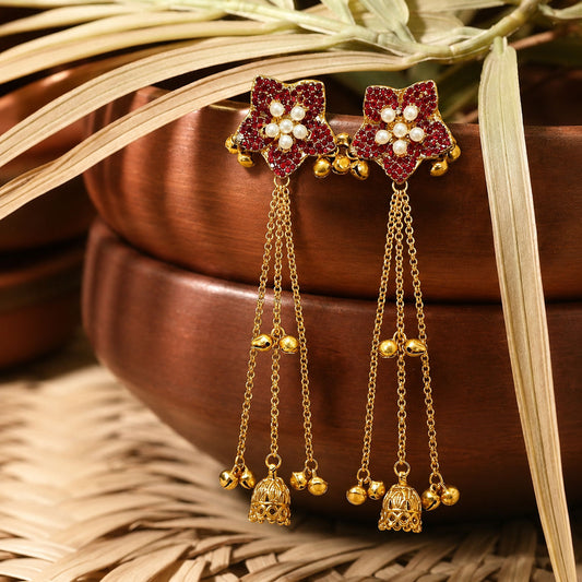 Kashmiri Tassel Jhumka Earrings – Floral Stud with Chain Drops & Bell Charms