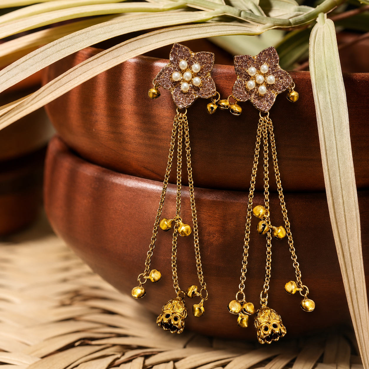 Kashmiri Tassel Jhumka Earrings – Floral Stud with Chain Drops & Bell Charms