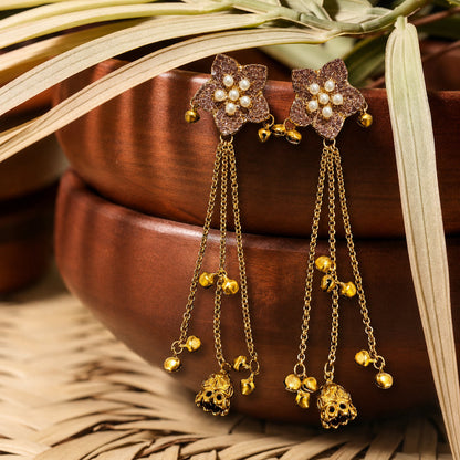 Kashmiri Tassel Jhumka Earrings – Floral Stud with Chain Drops & Bell Charms