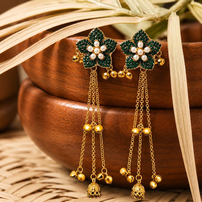 Kashmiri Tassel Jhumka Earrings – Floral Stud with Chain Drops & Bell Charms