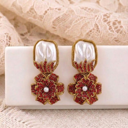 Gem-Encrusted Floral Dangle Earrings