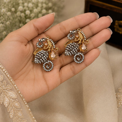 Antique Scroll Leaf Stud Earrings with Crystal Drop