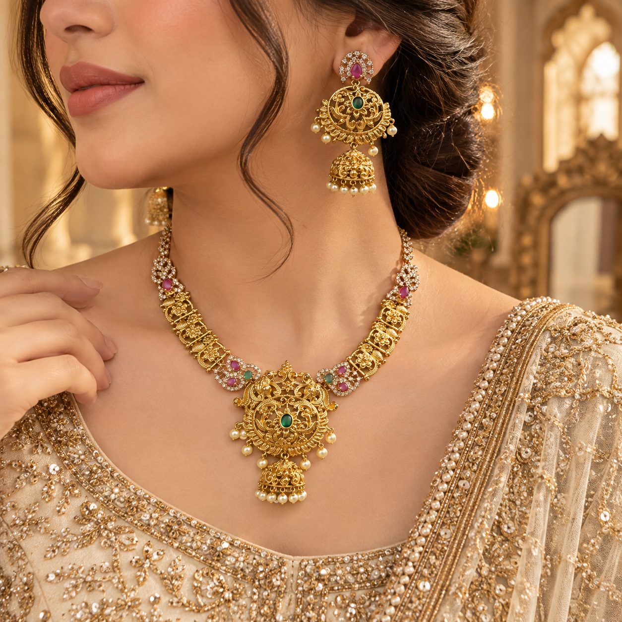 Filigree Jewelry Set with Jhumka Earrings - Antique Gold Plated