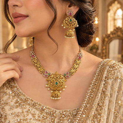 Filigree Jewelry Set with Jhumka Earrings - Antique Gold Plated