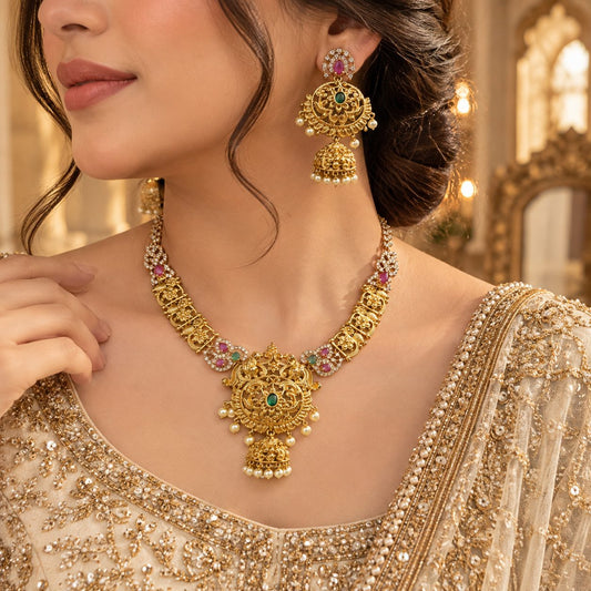 Filigree Jewelry Set with Jhumka Earrings - Antique Gold Plated