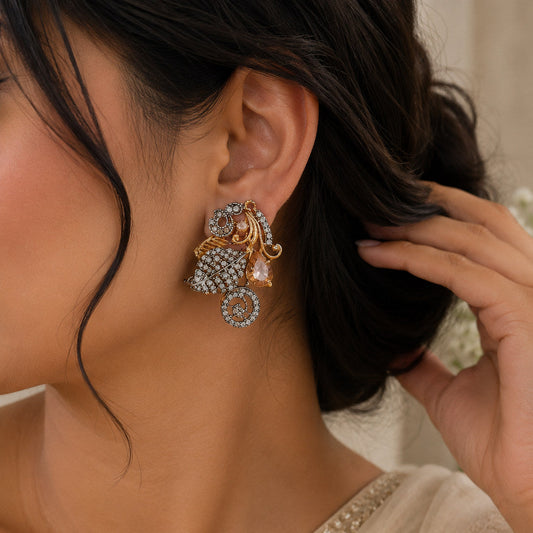Antique Scroll Leaf Stud Earrings with Crystal Drop