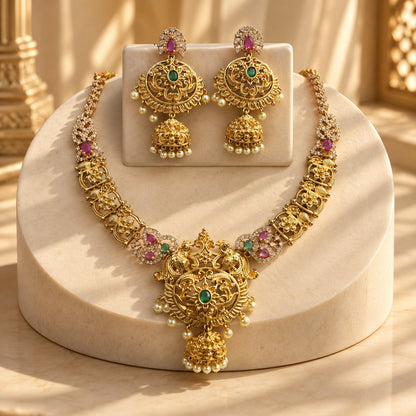 Filigree Jewelry Set with Jhumka Earrings - Antique Gold Plated