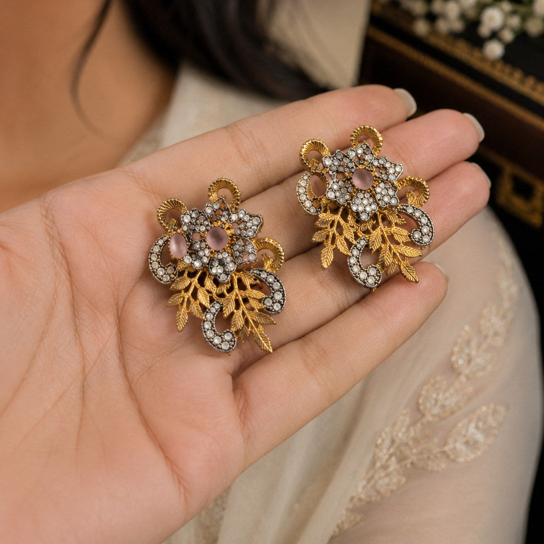 Antique Floral Leaf Stud Earrings with Pink Stones