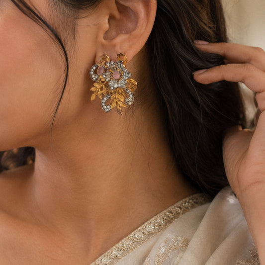 Antique Floral Leaf Stud Earrings with Pink Stones