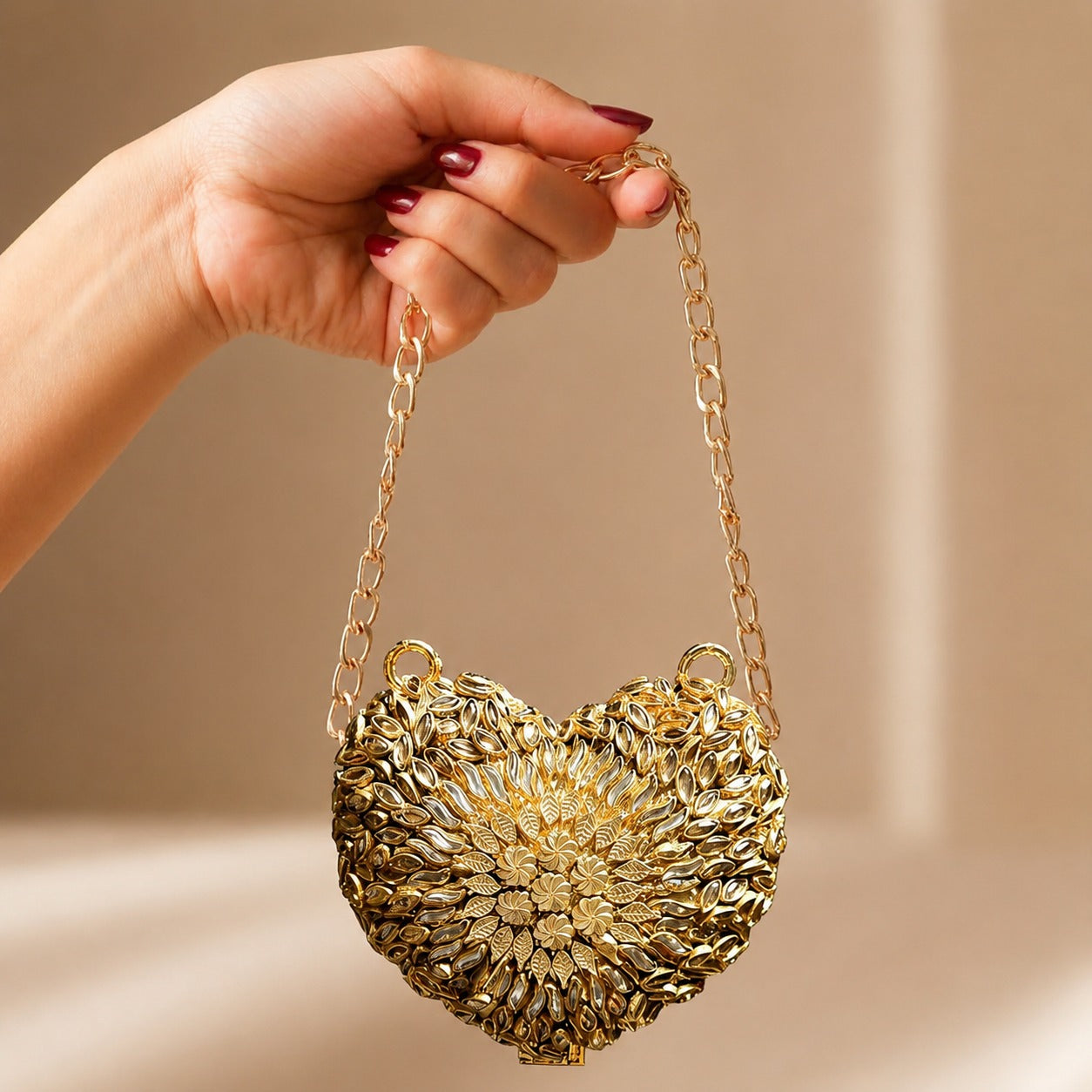Kundan Floral Clutch – Bridal Evening Bag with Chain