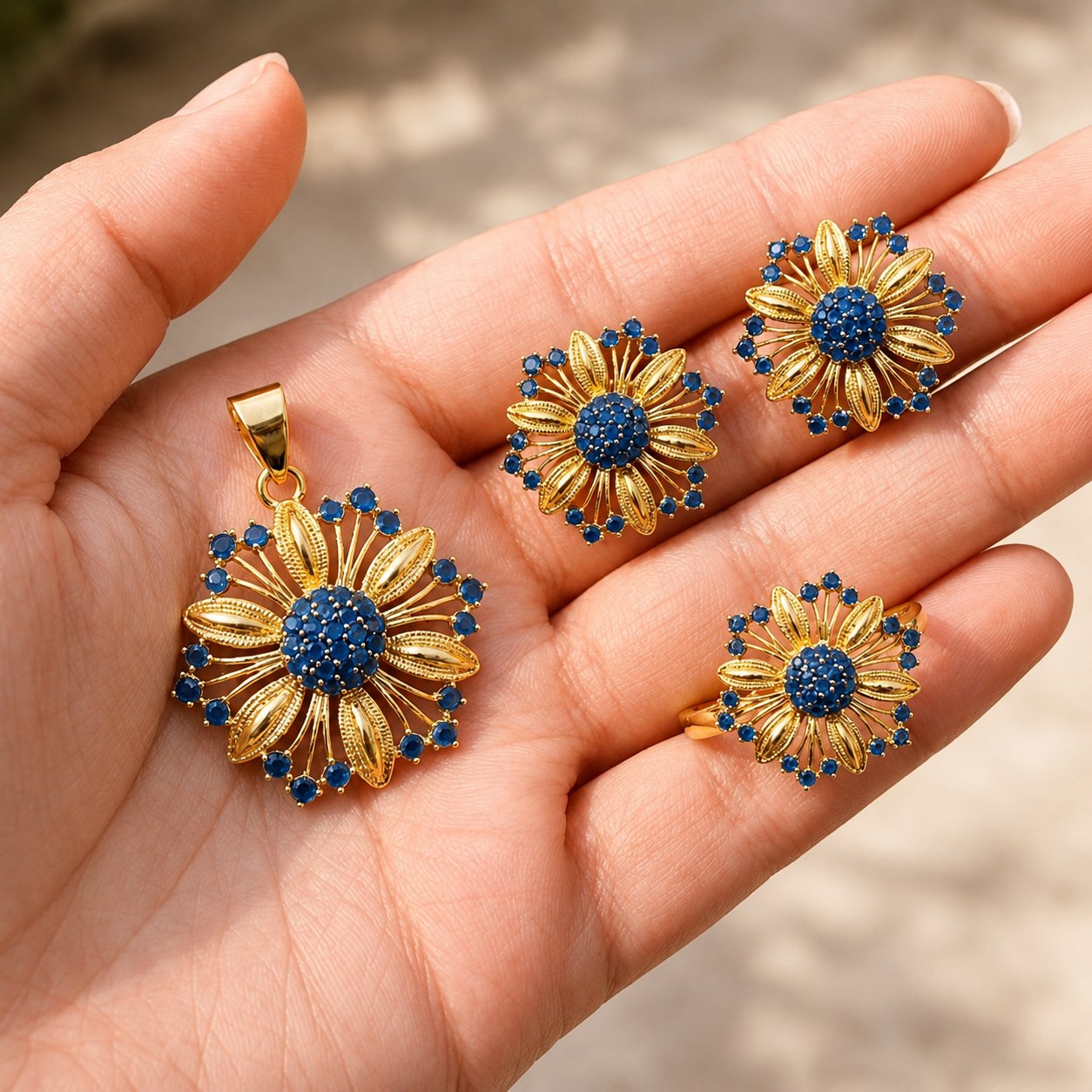Gold Plated Zircon Combo Set – Studs, Ring & Pendant with Complimentary Pearl Mala