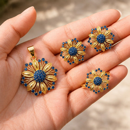 Gold Plated Zircon Combo Set – Studs, Ring & Pendant with Complimentary Pearl Mala