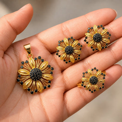 Gold Plated Zircon Combo Set – Studs, Ring & Pendant with Complimentary Pearl Mala