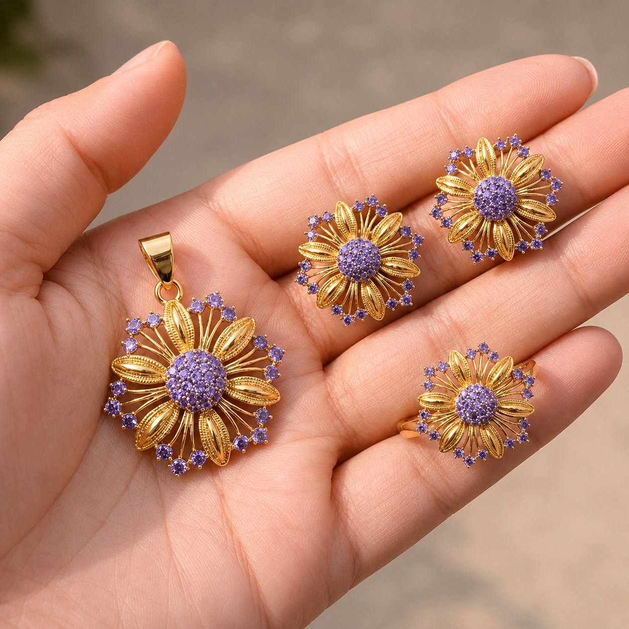 Gold Plated Zircon Combo Set – Studs, Ring & Pendant with Complimentary Pearl Mala