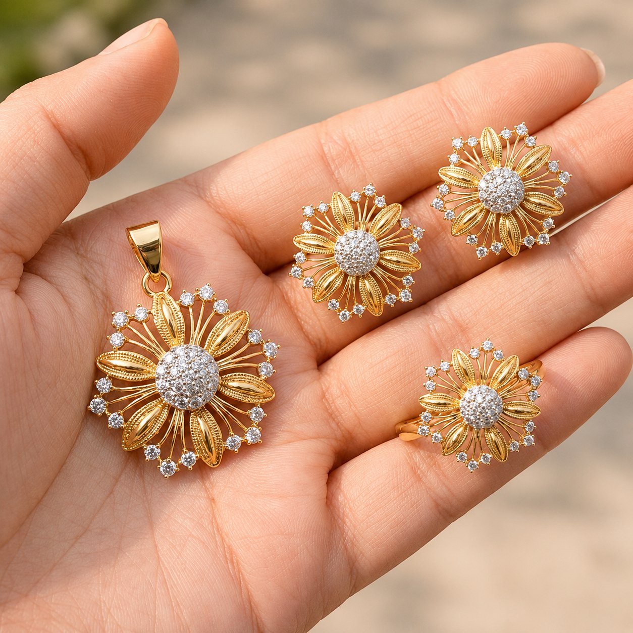Gold Plated Zircon Combo Set – Studs, Ring & Pendant with Complimentary Pearl Mala