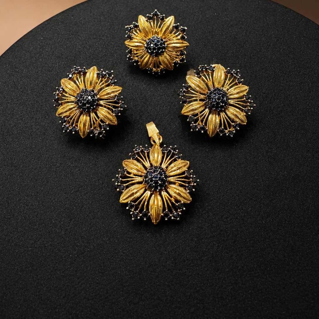Gold Plated Zircon Combo Set – Studs, Ring & Pendant with Complimentary Pearl Mala