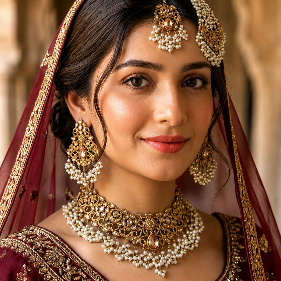 Mehrunisa Gold Pearl Bridal Jewellery Set