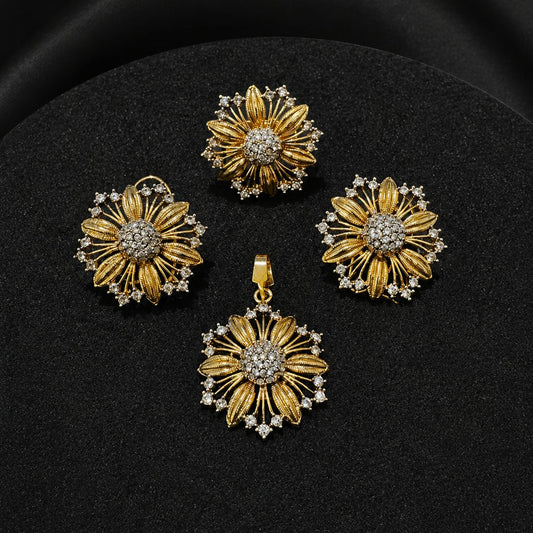 Gold Plated Zircon Combo Set – Studs, Ring & Pendant with Complimentary Pearl Mala