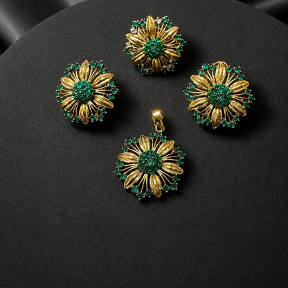 Gold Plated Zircon Combo Set – Studs, Ring & Pendant with Complimentary Pearl Mala