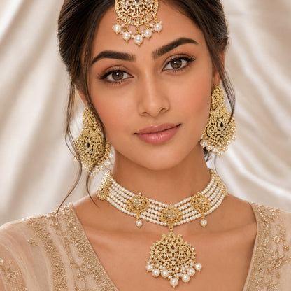 Golden Pearl Choker Set – Necklace, Earrings & Maang Tikka