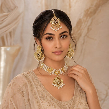 Golden Pearl Choker Set – Necklace, Earrings & Maang Tikka