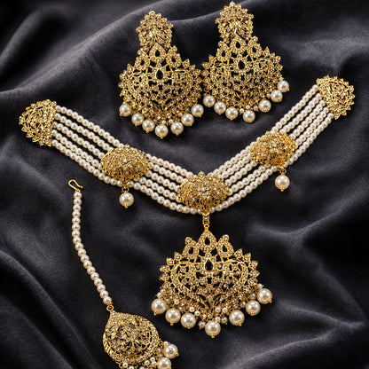 Golden Pearl Choker Set – Necklace, Earrings & Maang Tikka