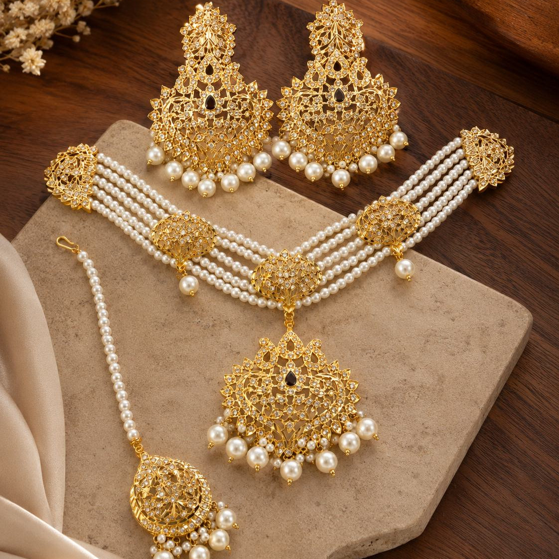 Golden Pearl Choker Set – Necklace, Earrings & Maang Tikka