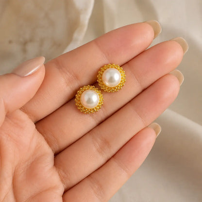 Gold Beaded Pearl Stud Earrings