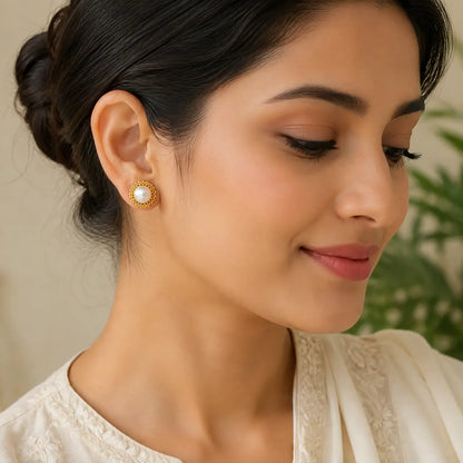 Gold Beaded Pearl Stud Earrings