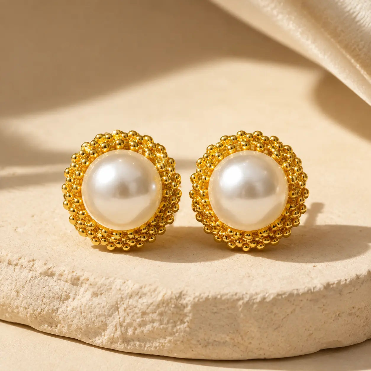 Gold Beaded Pearl Stud Earrings
